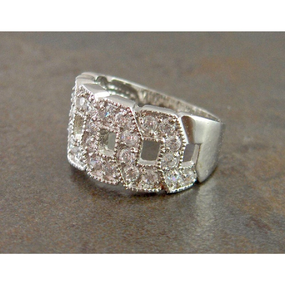 Sterling Silver CZ Wide Band Ring Size 7  Geometric Pave